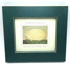 Warren Kimble Folk Art Pig Print Framed 10x9" Green Gold Mat Farmhouse Decor